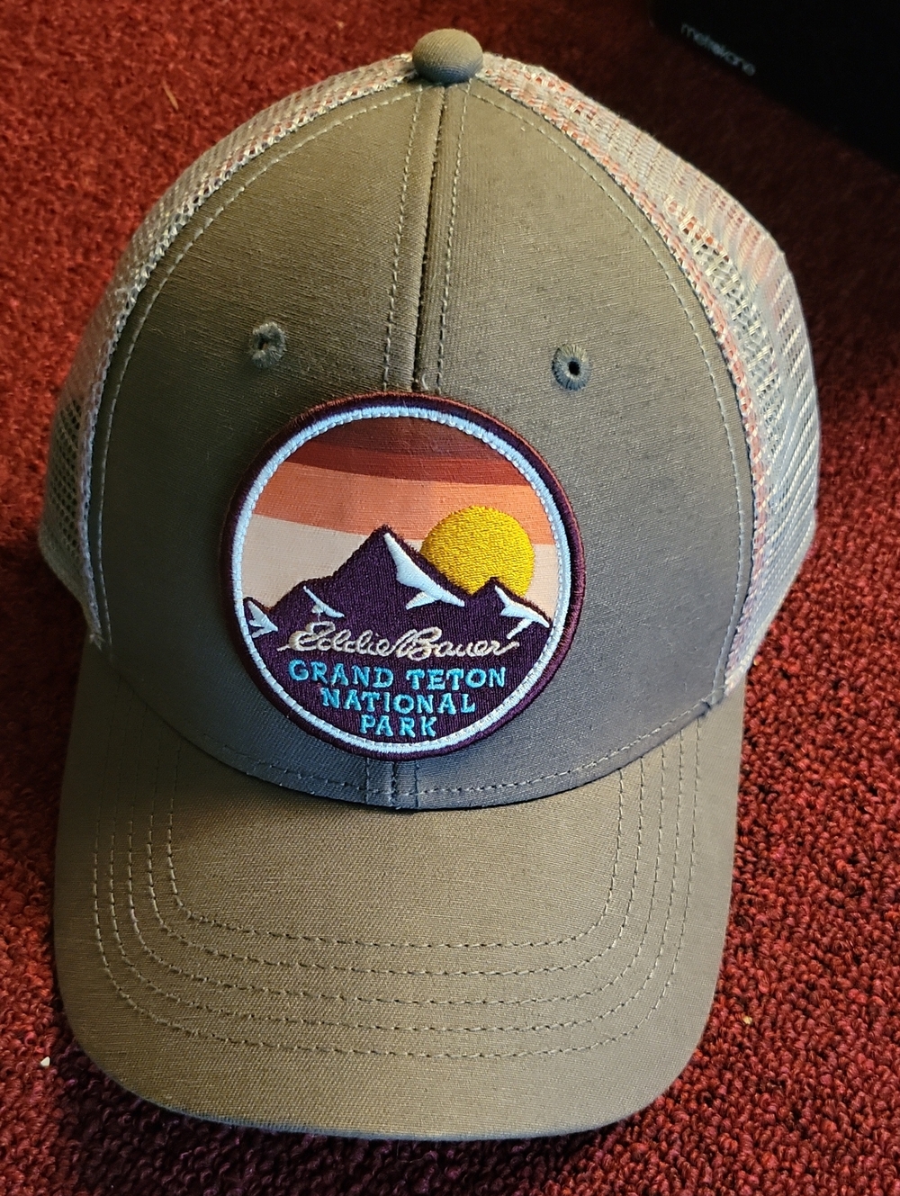 Eddie Bauer Olive Trucker Hat with Grand Teton Patch